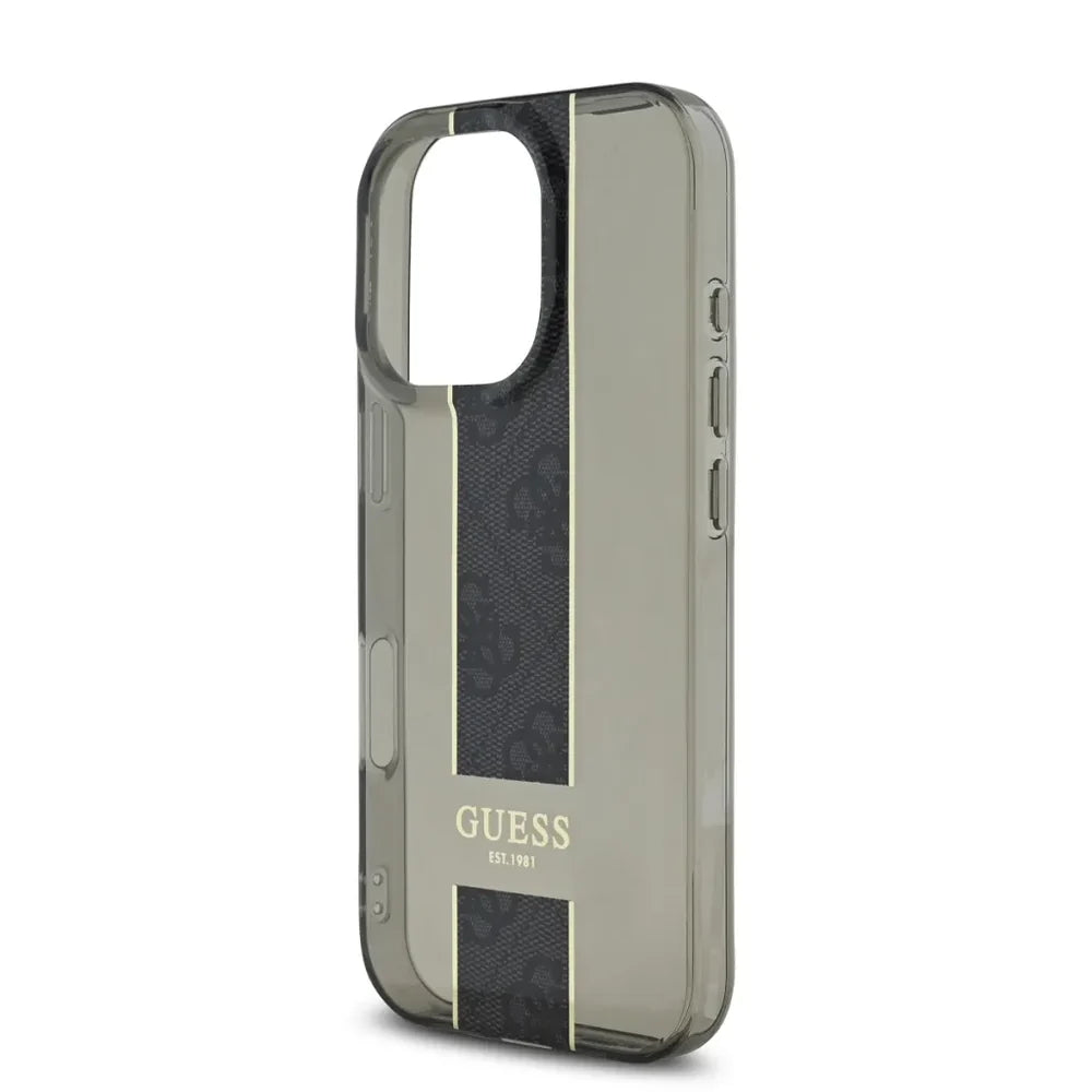 GUESS Handyhülle für iPhone 16 Pro Max – Schwarz Transparent mit Mittelstreifen & Logo