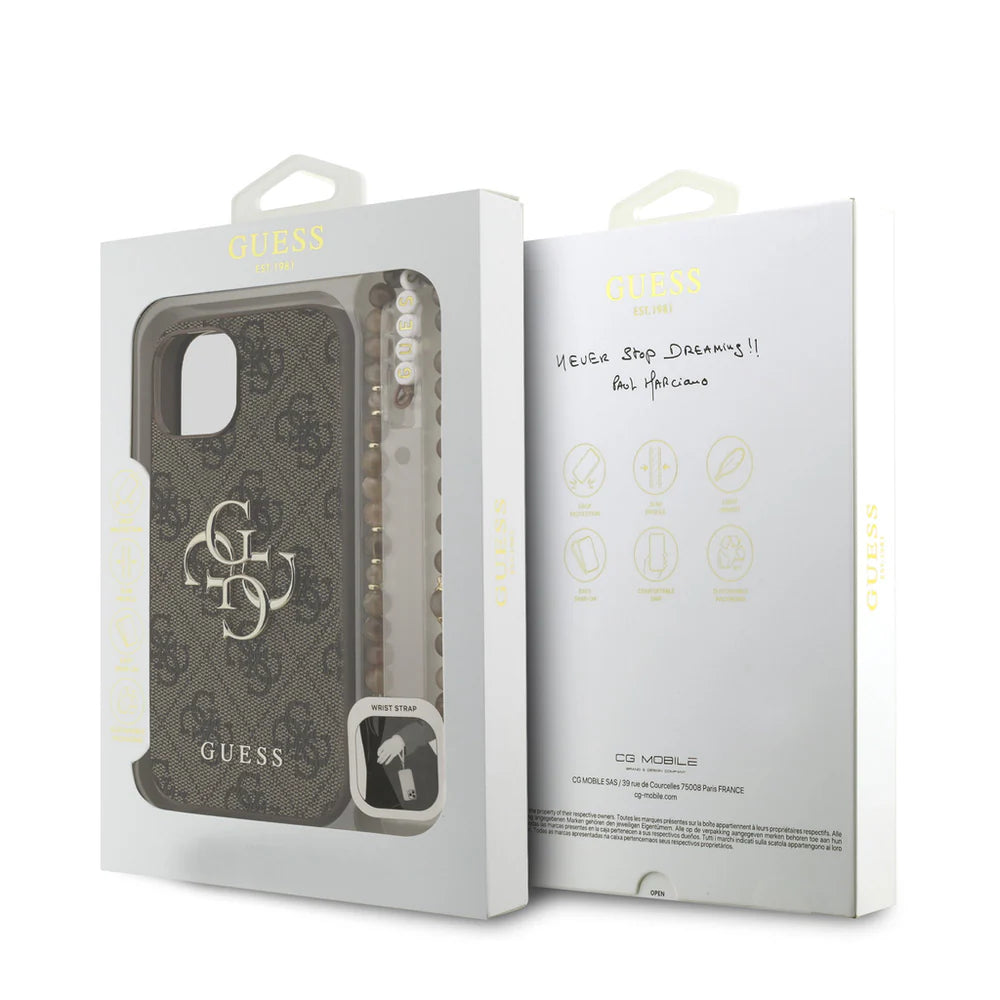 Guess 4G Metal Logo Hülle mit Handgelenkstrap für iPhone 15 Pro Max – Braun