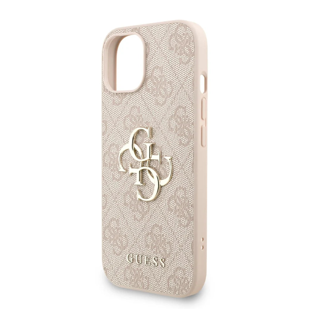 Guess 4G Metal Logo Hülle mit Perlen-Strap Rosa für iPhone 15 Pro Max