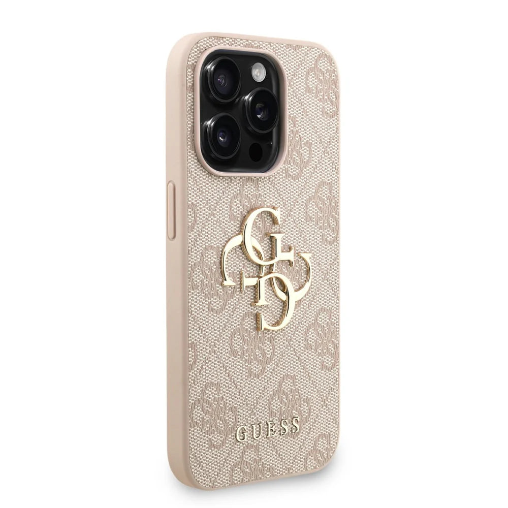 Guess 4G Metal Logo Hülle mit Perlen-Strap Rosa für iPhone 15 Pro Max