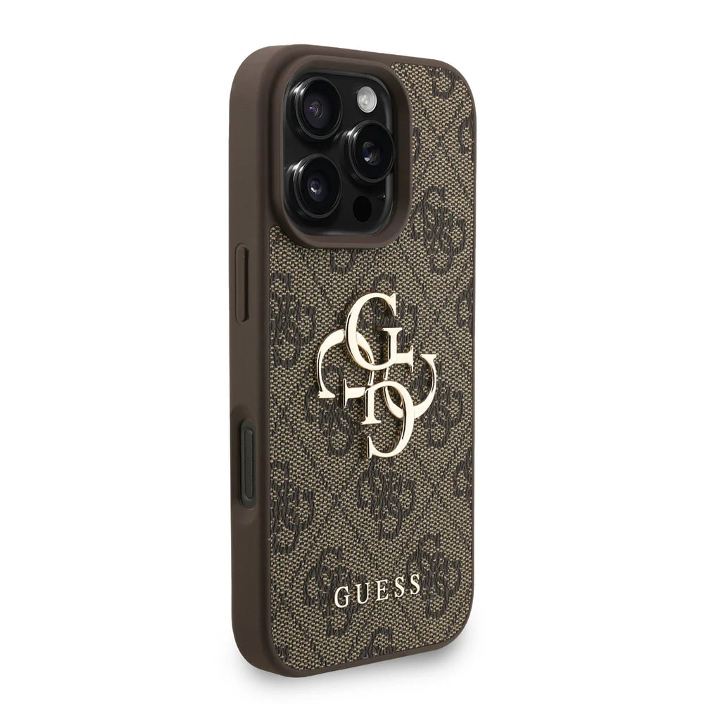 Guess 4G Metal Logo Hülle mit Handgelenkstrap für iPhone 15 Pro Max – Braun