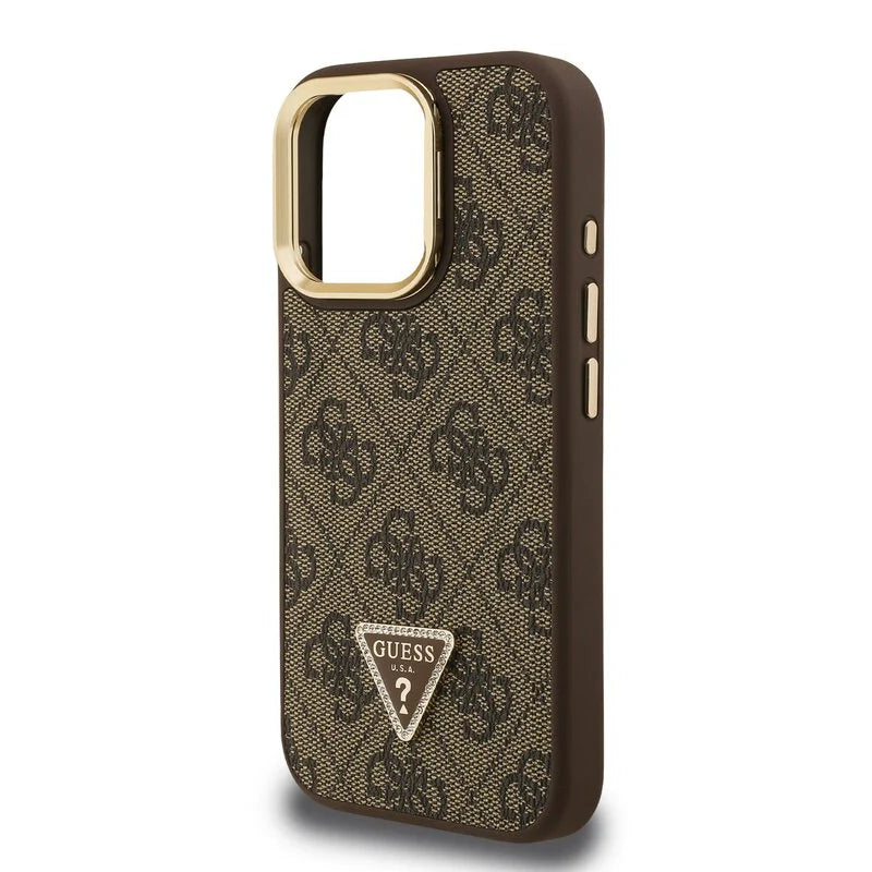 Guess 4G Strass Triangle Logo Stand Hülle mit MagSafe für iPhone 15 Pro Max – Braun