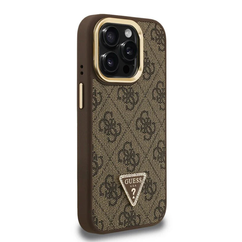 Guess 4G Strass Triangle Logo Stand Hülle mit MagSafe für iPhone 15 Pro Max – Braun
