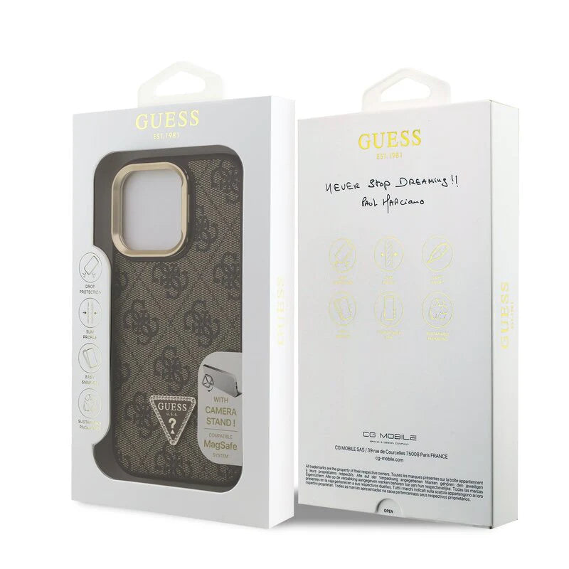 Guess 4G Strass Triangle Logo Stand Hülle mit MagSafe für iPhone 15 Pro Max – Braun