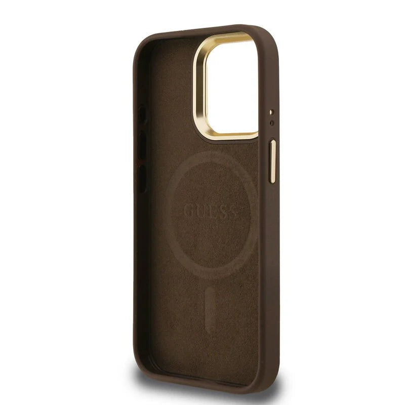 Guess 4G Strass Triangle Logo Stand Hülle mit MagSafe für iPhone 15 Pro Max – Braun