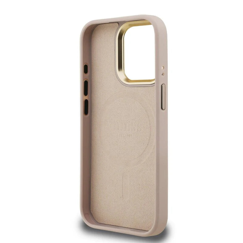 Guess 4G Strass Logo Hülle mit Stand & Kamera-Rahmen für iPhone 15 Pro Max – Beige