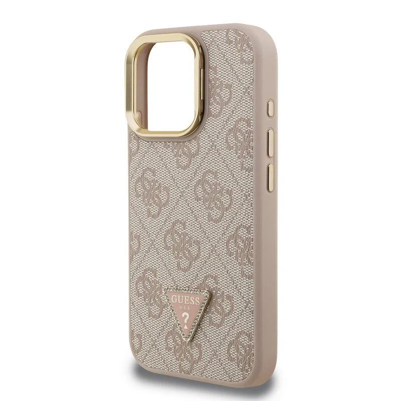 Guess 4G Strass Logo Hülle mit Stand & Kamera-Rahmen für iPhone 15 Pro Max – Beige
