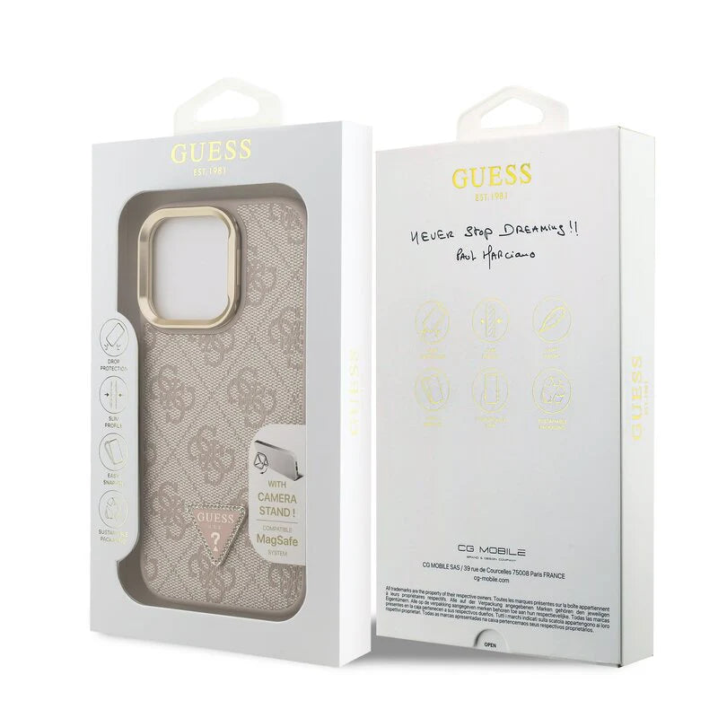 Guess 4G Strass Logo Hülle mit Stand & Kamera-Rahmen für iPhone 15 Pro Max – Beige