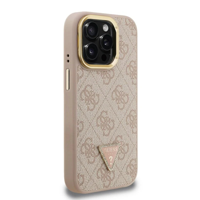 Guess 4G Strass Logo Hülle mit Stand & Kamera-Rahmen für iPhone 15 Pro Max – Beige
