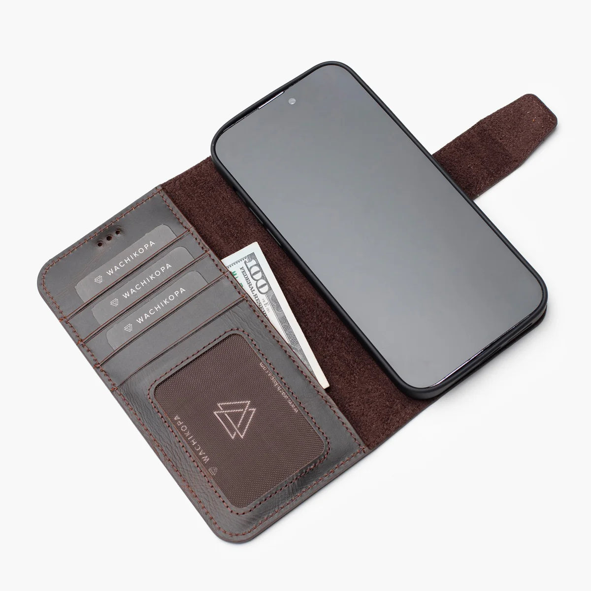 Wachikopa Echtleder Wallet Hülle für iPhone 15 Pro Max – Handgefertigt, Grün, Kartenfächer