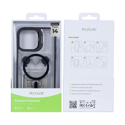 RIXUS MagSafe‑Hülle mit Kameraschutz – Schwarz Transparent – für iPhone 14