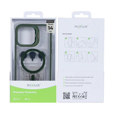 RIXUS Elegante MagSafe‑Clear‑Hülle in Tannengrün mit Kameraschutz für iPhone 14 Pro