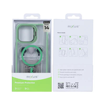 RIXUS MagSafe‑Hülle mit Kameraschutz – Grün Transparent – für iPhone 14