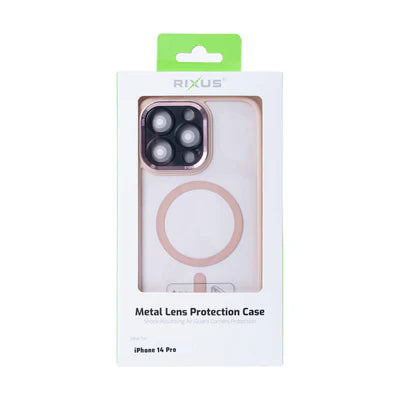 RIXUS MagSafe‑Clear‑Hülle in Roségold mit Metall‑Kameraschutz – für iPhone 14 Pro