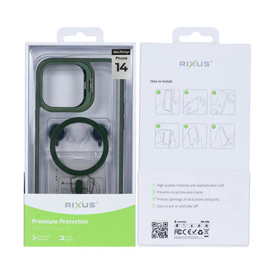 RIXUS MagSafe‑Hülle mit Kameraschutz – Dunkelgrün Transparent – für iPhone 14