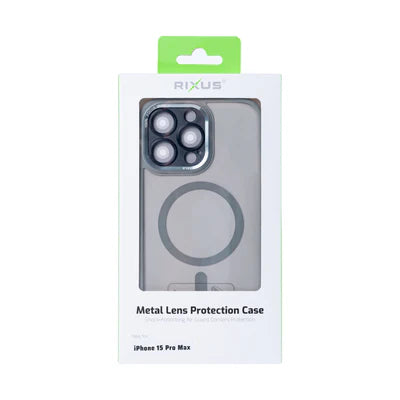 RIXUS MagSafe ClearCase für iPhone 15 Pro Max – Metall-Kameraschutz in Grau