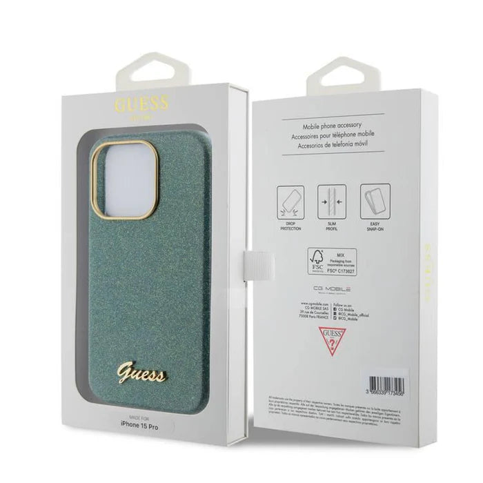 Guess Glitter Script Hülle für iPhone 15 Pro Max – Kaki