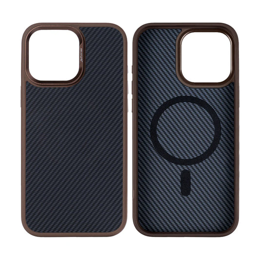 Rixus Schutzhülle für iPhone 12 Pro Max – Carbon-Look Braun mit MagSafe & Metall-Kamerarahmen