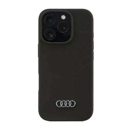 Audi Handyhülle für iPhone 16 Pro – Schwarzes Leder-Design mit Logo