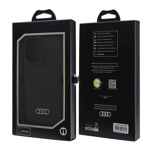 Audi Handyhülle für iPhone 16 Pro – Schwarzes Leder-Design mit Logo
