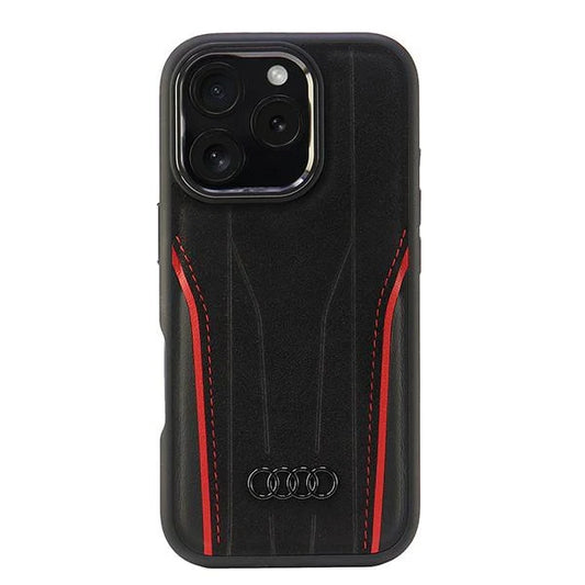Offizielle Audi Alcantara-Hülle mit Magnetic Module-Kompatibilität für iPhone 16 Pro Max – Schwarz/Rot