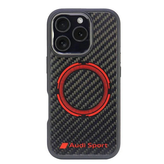 Audi Sport Carbon-Look MagSafe-Hülle für iPhone 16 Pro Max – Schwarz/Rot