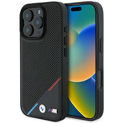 BMW M MagSafe Hülle für iPhone 16 Pro – Schwarz mit perforierter Rückseite & M-Farben
