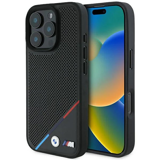 BMW M MagSafe Hülle für iPhone 16 Pro – Schwarz mit perforierter Rückseite & M-Farben