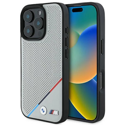 BMW M MagSafe Hülle für iPhone 16 Pro – Grau mit perforierter Oberfläche & M-Farben