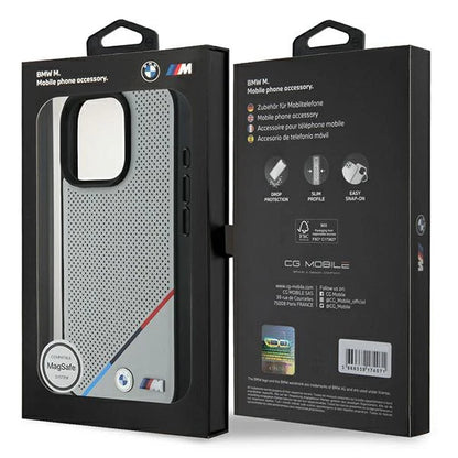 BMW M MagSafe Hülle für iPhone 16 Pro – Grau mit perforierter Oberfläche & M-Farben