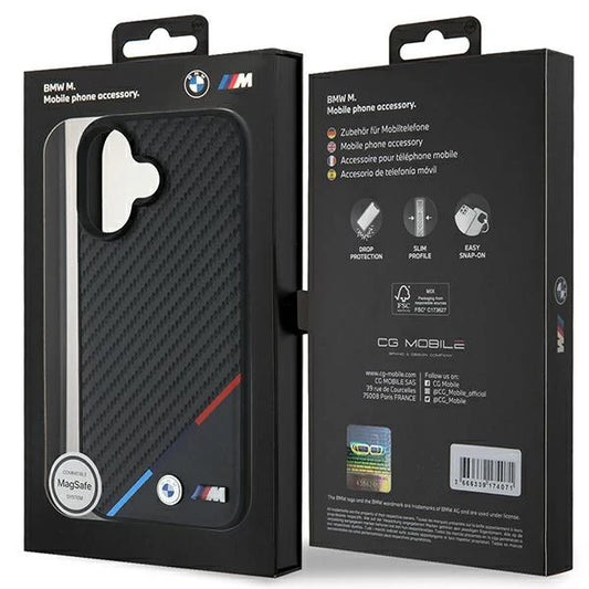 BMW M MagSafe Hülle für iPhone 16 – Carbon Look mit M-Streifen