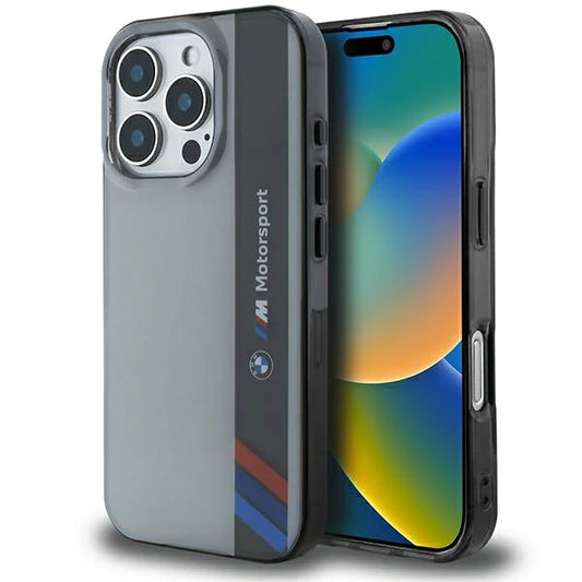 BMW M Motorsport Hülle für iPhone 16 Pro – Transparent Grau mit Racing-Streifen