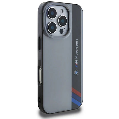 BMW M Motorsport Hülle für iPhone 16 Pro – Transparent Grau mit Racing-Streifen