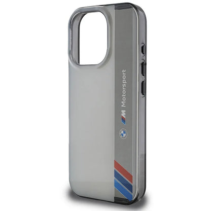 BMW M Motorsport Hülle für iPhone 16 Pro – Transparent Grau mit Racing-Streifen