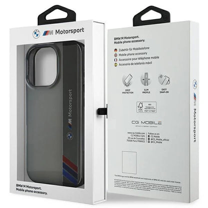 BMW M Motorsport Hülle für iPhone 16 Pro – Transparent Grau mit Racing-Streifen