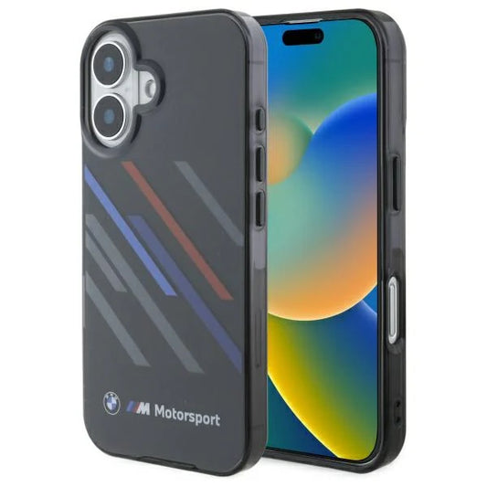 BMW M Motorsport Hülle für iPhone 16 – Schwarz mit Racing-Streifen