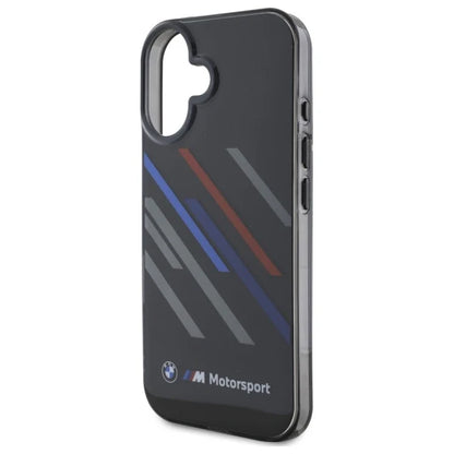 BMW M Motorsport Hülle für iPhone 16 – Schwarz mit Racing-Streifen