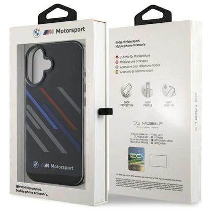 BMW M Motorsport Hülle für iPhone 16 – Schwarz mit Racing-Streifen