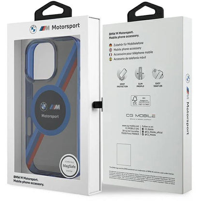 BMW M Motorsport MagSafe Hülle für iPhone 16 Pro – Transparentes Blau mit Rennstreifen