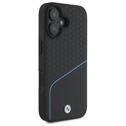 BMW MagSafe Hülle für iPhone 16 – Schwarz mit Blauem Akzent & Strukturdesign