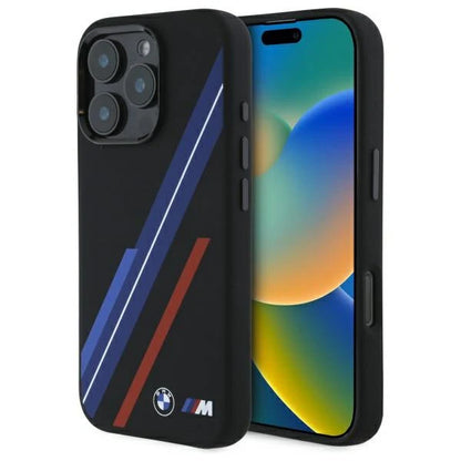 BMW M Collection Hülle für iPhone 16 Pro – MagSafe-kompatibles Hardcase mit Racing-Streifen – Schwarz/Multicolor