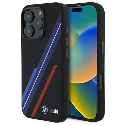 BMW M Collection Hülle für iPhone 16 Pro – MagSafe-kompatibles Hardcase mit Racing-Streifen – Schwarz/Multicolor