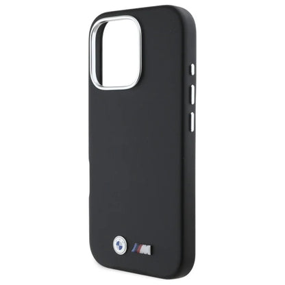 BMW M Hardcase für iPhone 16 Pro – Schwarz mit Metall-Logo und silbernem Kamerarahmen