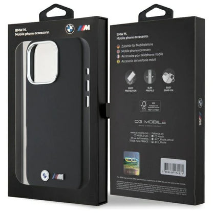 BMW M Hardcase für iPhone 16 Pro – Schwarz mit Metall-Logo und silbernem Kamerarahmen