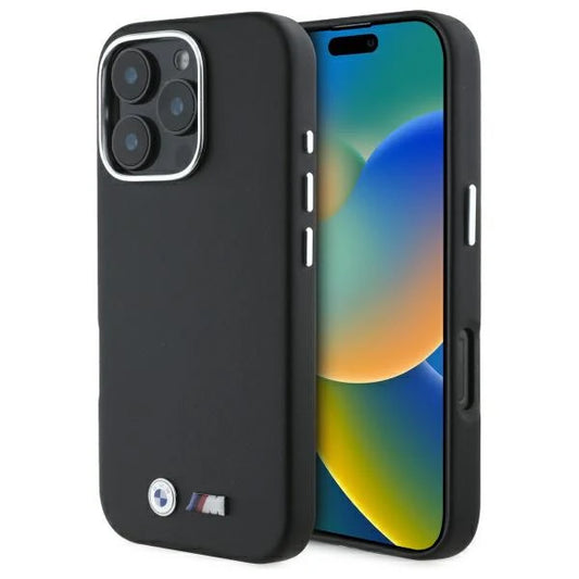 BMW M Hardcase für iPhone 16 Pro – Schwarz mit Metall-Logo und silbernem Kamerarahmen