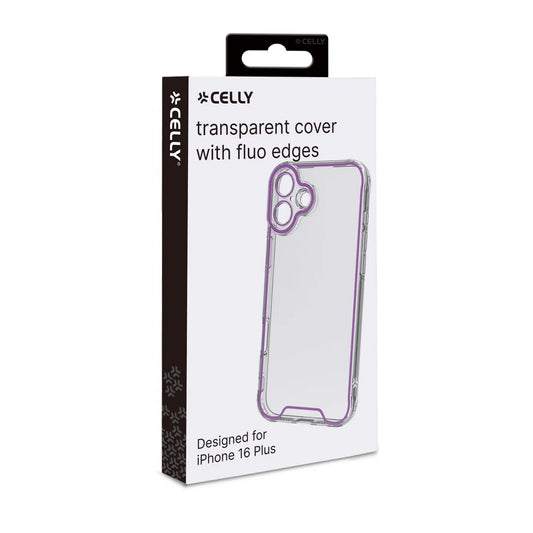 Celly Transparent Cover für iPhone 16 Plus – mit fluoreszierenden Kanten in Lila