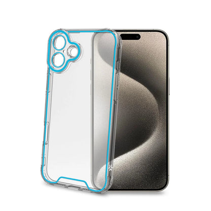 Celly Transparent Cover für iPhone 16 Plus – mit fluoreszierenden Kanten in Blau