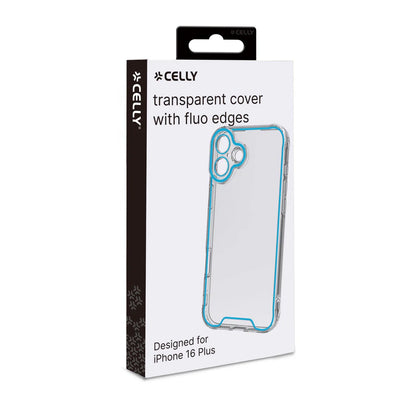 Celly Transparent Cover für iPhone 16 Plus – mit fluoreszierenden Kanten in Blau