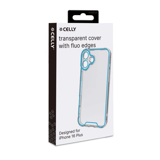 Celly Transparent Cover für iPhone 16 Plus – mit fluoreszierenden Kanten in Blau