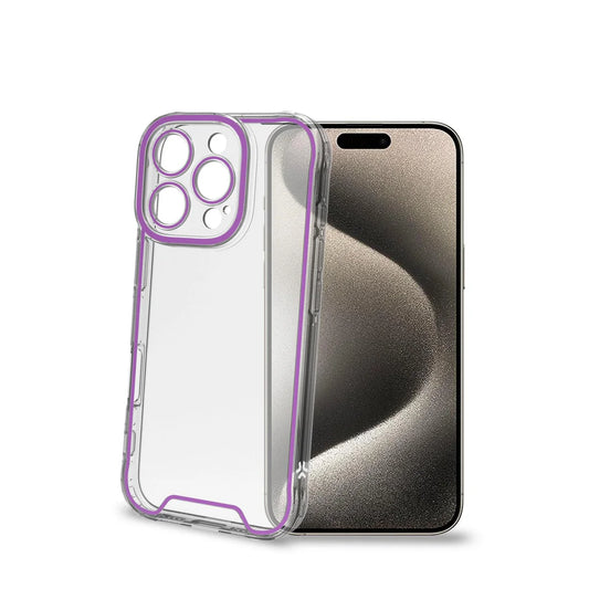 Celly Transparente Schutzhülle mit violetten Neonrändern – Kompatibel mit iPhone 16 Pro